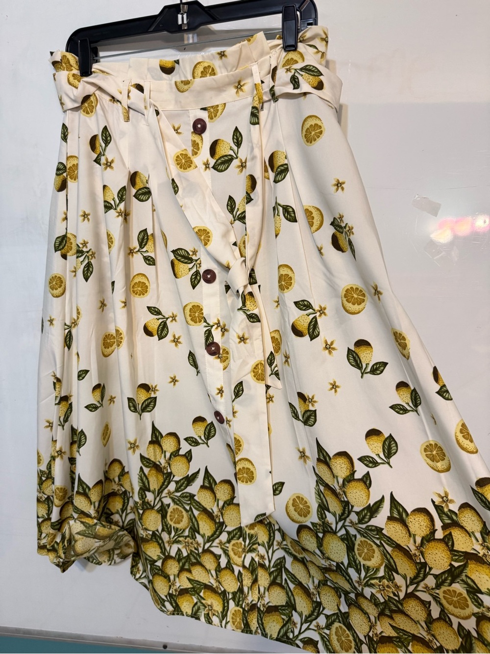 Lemon-Print A-Line Midi Skirt - Cream/Green/Yellow